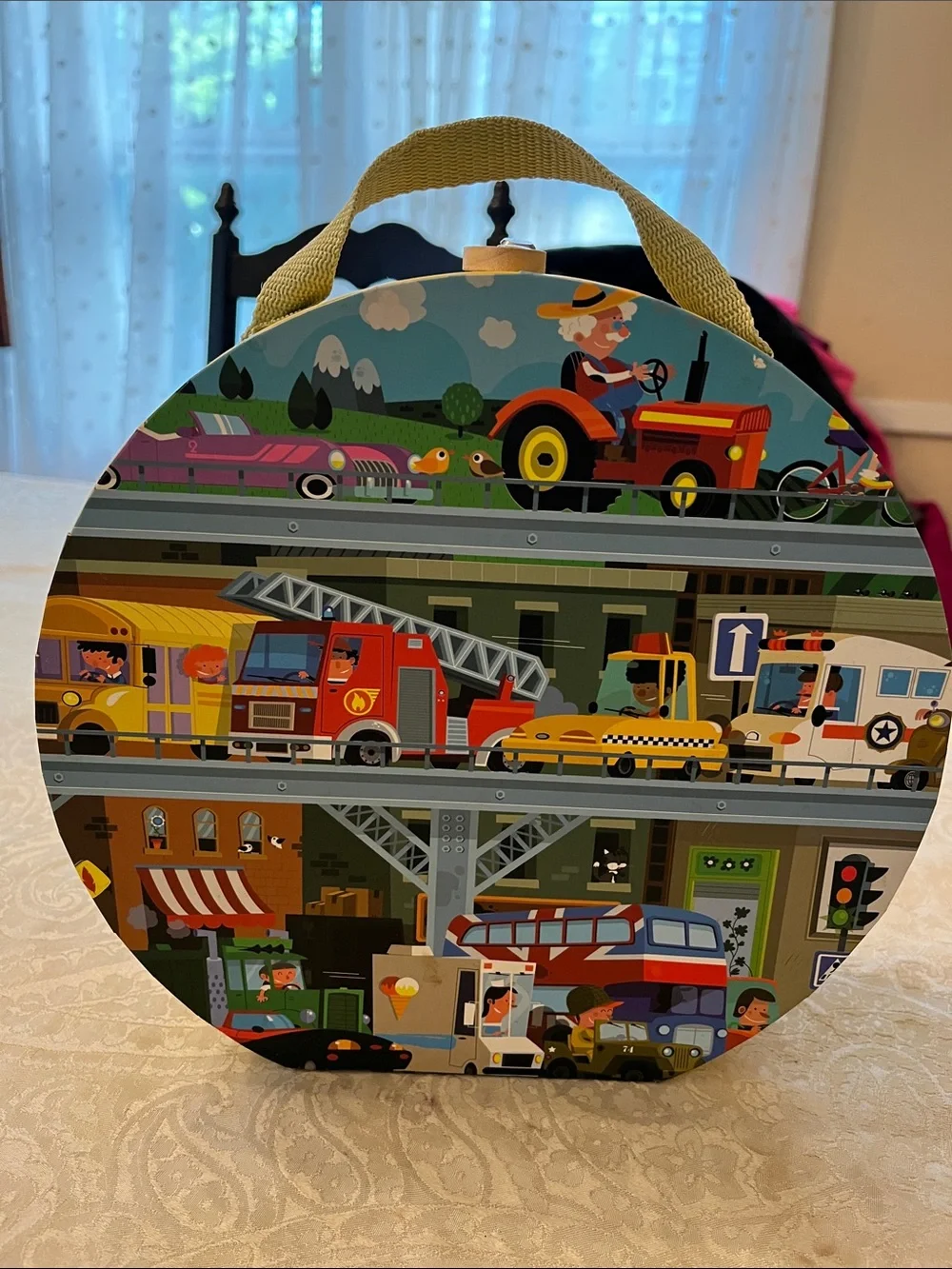 Janod Round Kids Puzzle & Play Case - Blue/Yellow Vehicle Print EUC